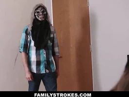 Young guy wears a mask to scare his stepsisters and gets fucked by them