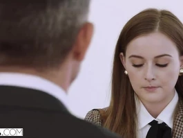 Delightful brown haired chick comes to dad's office and gets fucked by his partner