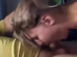 Teen blonde beauty girl is pleasing her fucker friend with deepthroat blowjob