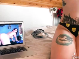 Sexy tattooed brunette Keoki Star is excitingly jerking off boyfriend's dick