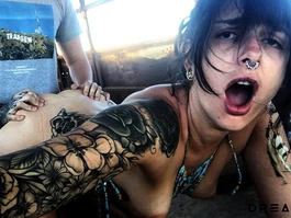 Brunette chick with nose ring and hot tattoos got roughly fucked in abandoned bus